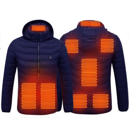 Manteau chauffant USB homme - Détails des zones de chauffage et bouton de contrôle
